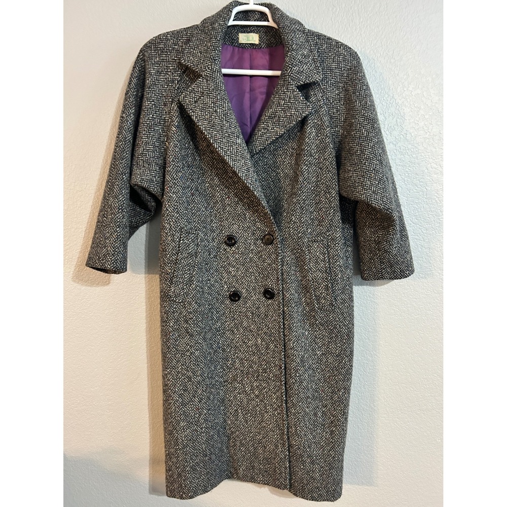 Vintage Jill Jr Wool Coat Womens Grey Herringbone Double Breasted ILGWU USA Made